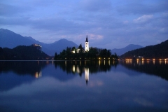 The still waters of Lake Bled at night